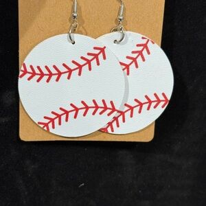Baseball Stitch Round Dangle Earrings - White & Red